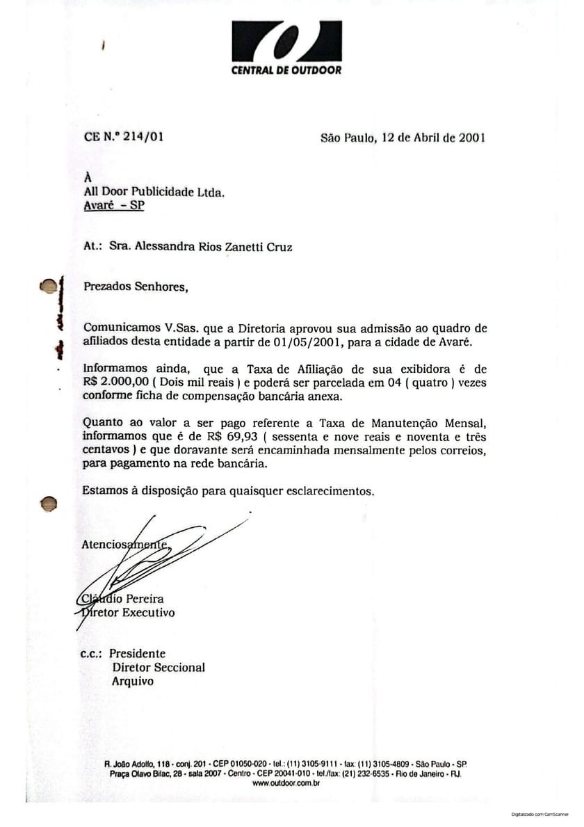 Carta da Central de Outdoor do Brasil de 2001 confirmando a filiação da AllDoor
