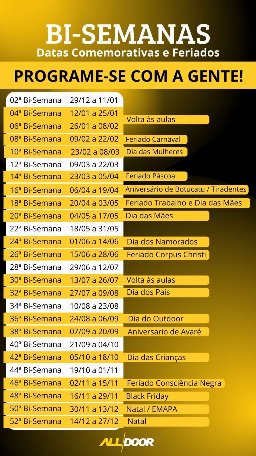 Calendário de bi-semanas do outdoor da AllDoor com datas comemorativas e feriados do ano